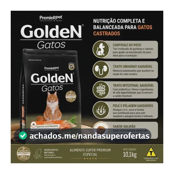 Golden Premium Especial Golden Gatos Adultos Castrados Salmão Seca 10kg