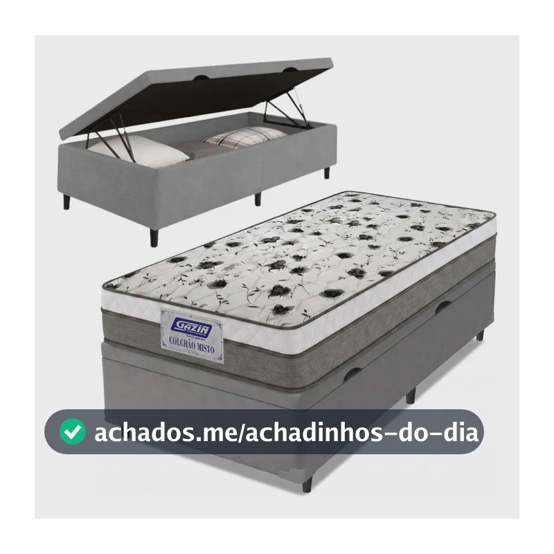 Cama Box Baú Solteiro Colchão Espuma D33 Fort 88x188x62cm Cinza e Branco Gazin