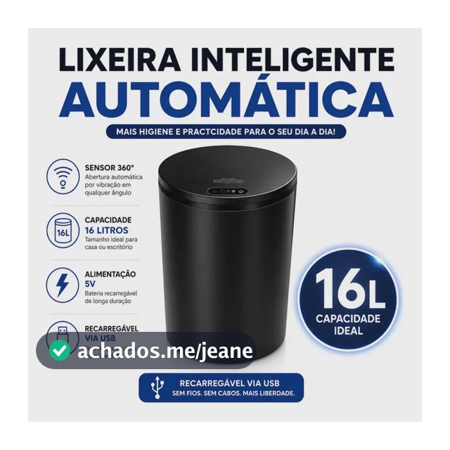 Lixeira Inteligente Automática com Sensor para Cozinha e Banheiro, 16 Litros Preto