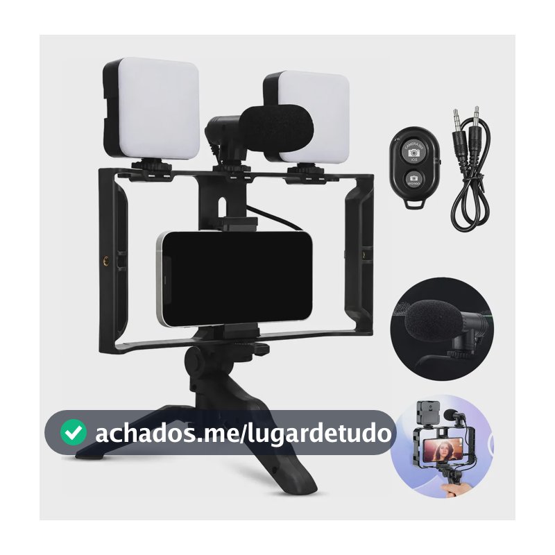 Suporte Camera Celular Suporte Celular Com Led Estabilizador Celular Com Luz Suporte Celular Com Luz Estabilizador Celular Luz Microfone Tripé Ajustável 360º Rotativo Vídeo Live Streaming Preto