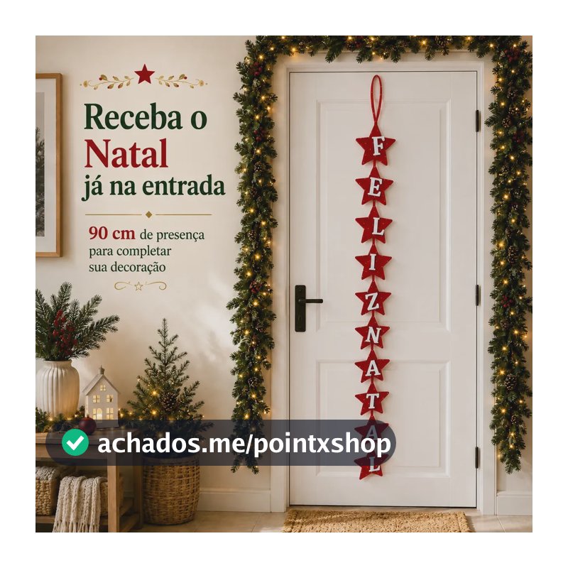 Enfeite de Porta Natalino Guirlanda Escapulário Estrelas Feliz Natal em Feltro Vermelho com Glitter Pendurar Porta Janela 90x8cm Presente Decoração Casa Sala Varanda Vitrine Natal 2026