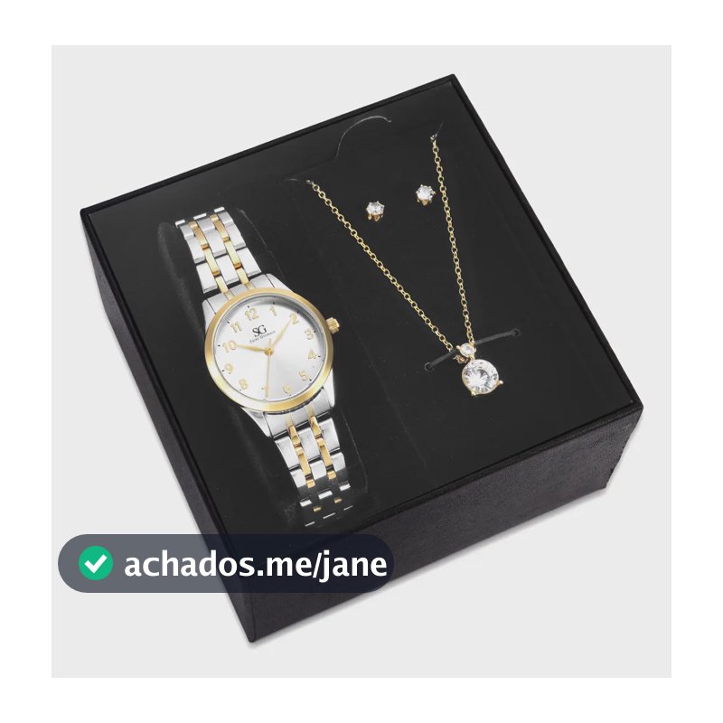 Kit Relógio Colar e Brincos Ponto De Luz Dourado e Prateado Feminino Luxo Saint Germain 28mm