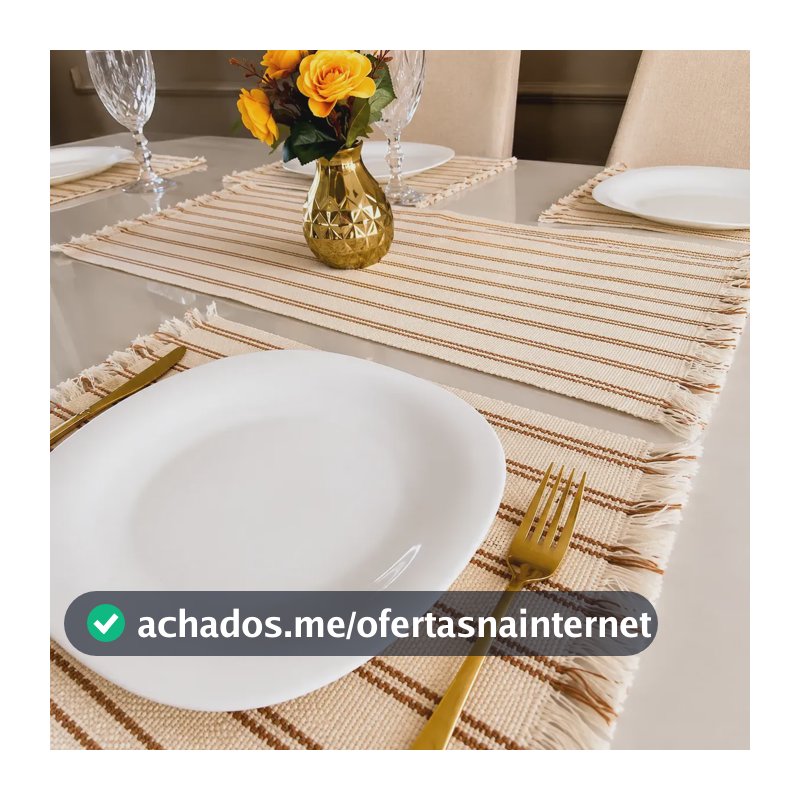 Jogo Americano 7 Peças Mesa Posta Luxo 6 Lugares + Caminho Listrado Cru E Cáqui Listras