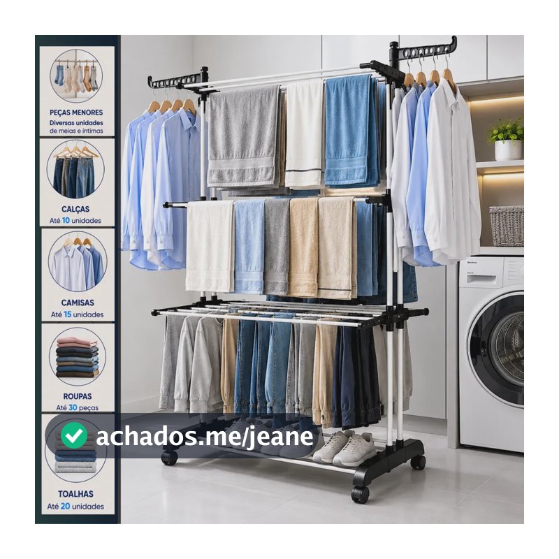 Varal De Chão Grande 3 Andares Retrátil Dobrável Com Rodinhas Roupas Lavanderia Compacto Portátil Cor Preto MARCA: KEY PAPER