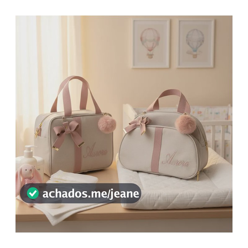Bolsas  Maternidade Média E Pequena Personalizada Com Nome Bege Com Rose