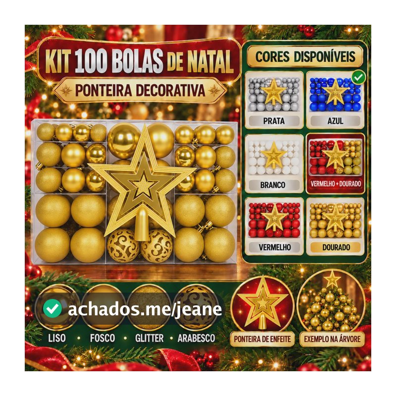 Kit 100 Bolas Natal Lisas/foscas/glitter C/ Ponteira Enfeite Dourado
