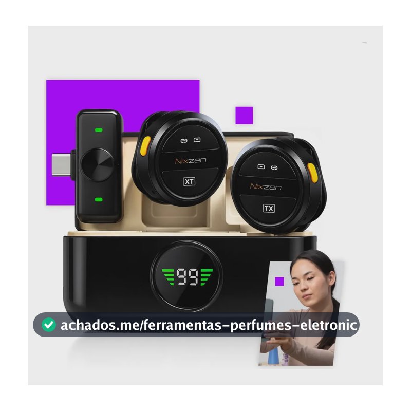 Microfone Lapela Redondo Sem Fio Tipo-C Duplo Anti Ruído P/ Android E iPhone 15 16 17 Com Caixinha Para Carregamento Portátil Cor Preto Nixzen
