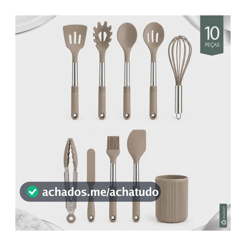 Kit Utensílios 10 Peças Cozinha Silicone Cabo Inox Tamanho Grande Jogo Completo Premium de Colheres Espatúlas Pegador Conjunto Funcional Com Suporte Resistente Não Enferruja Haushop Cor Cinza
