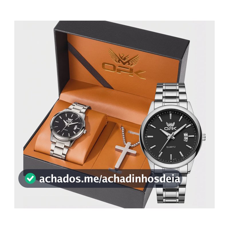 Opk Original Conjunto De Relógio E Colares Masculino 6010 Prateado Preto