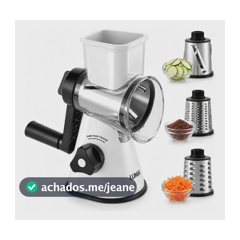 LUMAI Ralador Cortador de Legumes Parma - Queijos e Verduras com Manivela - 3 Tambores com Lâminas de Aço Inox - Fatiador - Base de Sucção com Trava - Utensílio de Cozinha Branco Premium