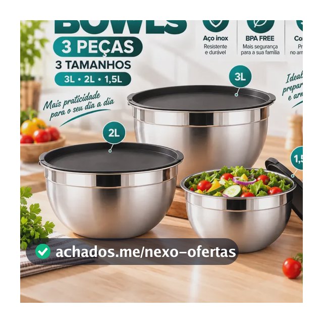 Kit3 Conjunto Pote Tigela Bowls Inox Com Tampa Hermética Prateado