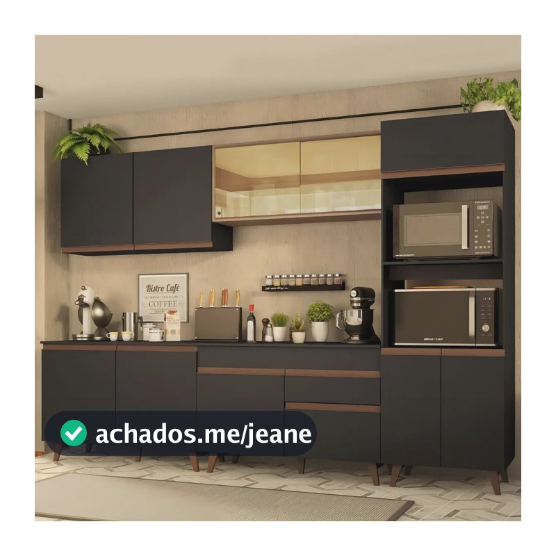 Armário de Cozinha Completa Modulada Madesa Reims Com Armário E Balcão para Cooktop Cor Preto e Rustic GRRM310001D8