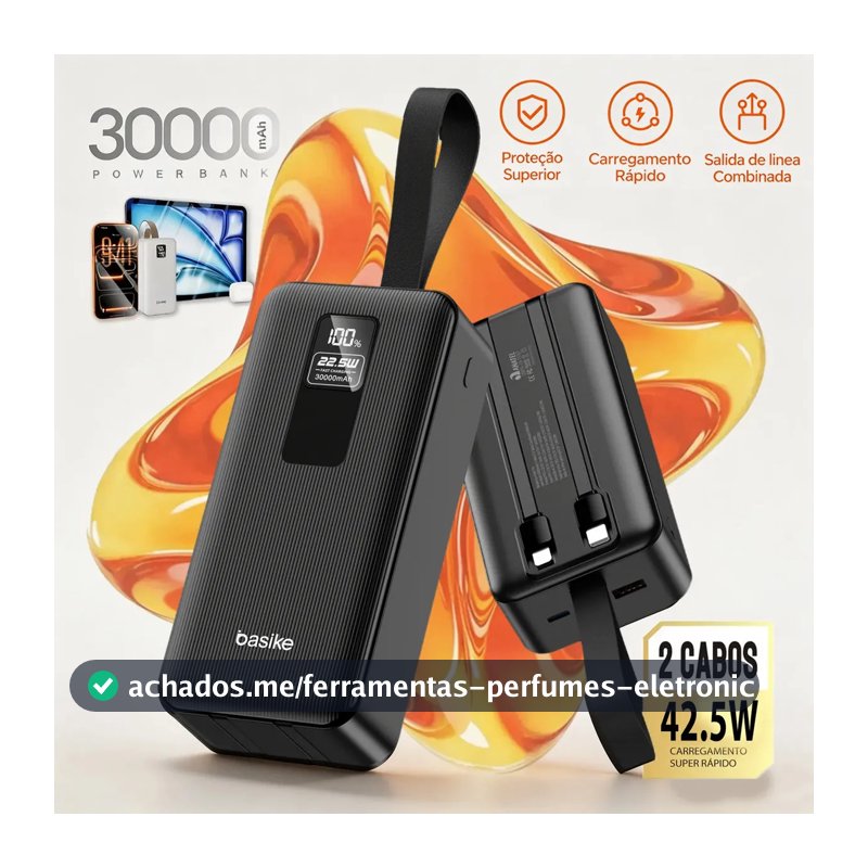 Basike Power Bank 30000mAh Com Carga rápida Turbo 42.5w Cabo e Digital para Celular Universal Para Celulares iPhone 17/16/15/14/13/12 Samsung Galaxy S24/S23/S22/S21/A55/A54 Motorola Mo