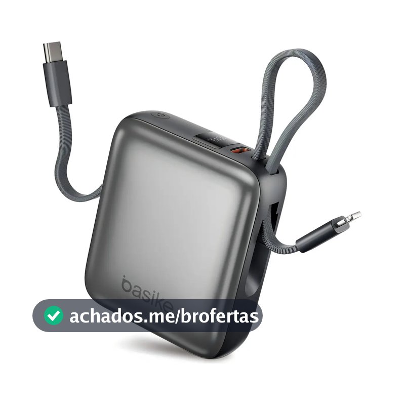 Carregador Portátil Power Bank Basike 10000mAh 22.5W Rápido 4 Saídas Cabo Embutido Display iPhone Samsung