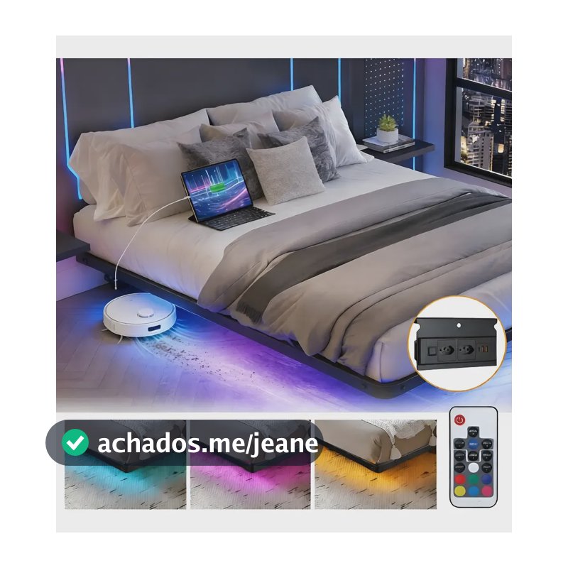 Estrutura De Cama De Metal Flutuante Casal C/tomada+rgb Led Preto Hot Wheels