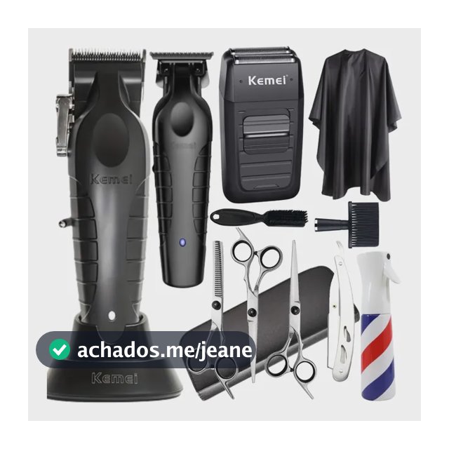 Kit Maquina Cortar Cabelo Kemei Profissional + Acessórios Preto 127/220v