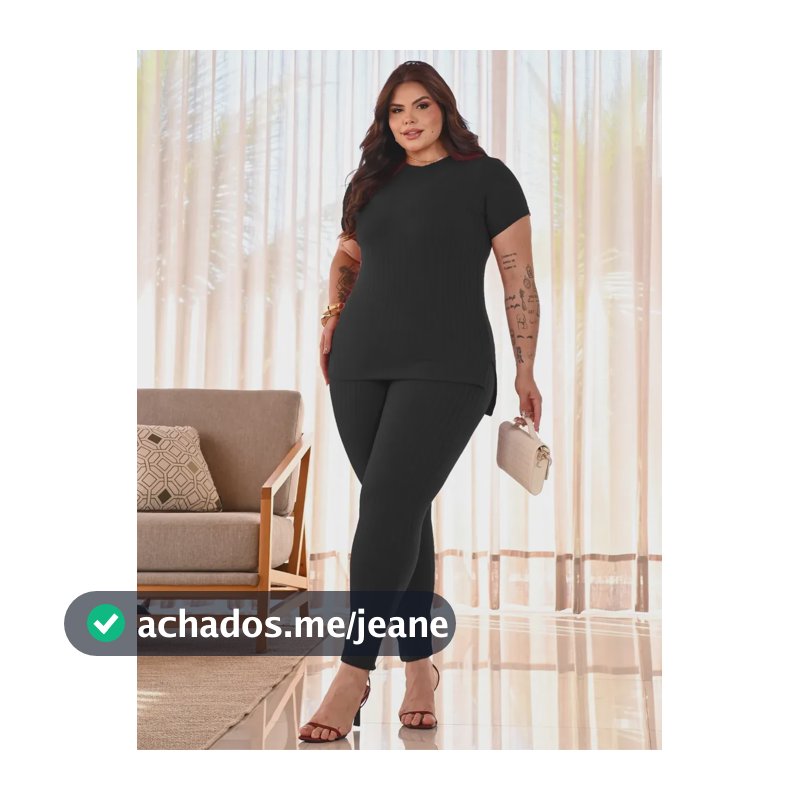 Conjunto Plus Size Feminino Canelado Blusa Alongada + Calça Preto G2 (54)