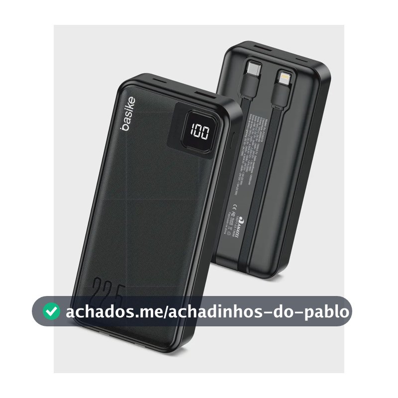 Power Bank Basike 20000mAh Preto, Carga Rápida 22.5W para iPhone e Samsung, Com Cabos Embutidos e Display