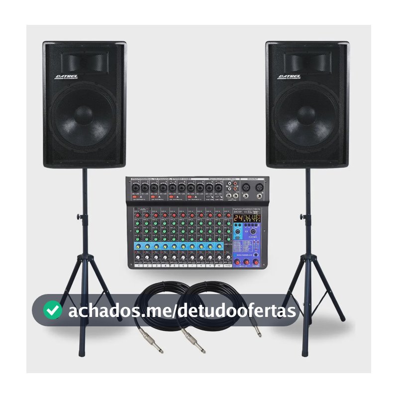 kit 2 Caixas Som Profissional 600W RMS 15 polegadas Driver Titanio Amplificada Ativa Passiva Profissional Acustica Mesa 12 Canais Bluetooth Combo Mixer Efeitos e Suporte Pedestal Tripe Igreja Eventos