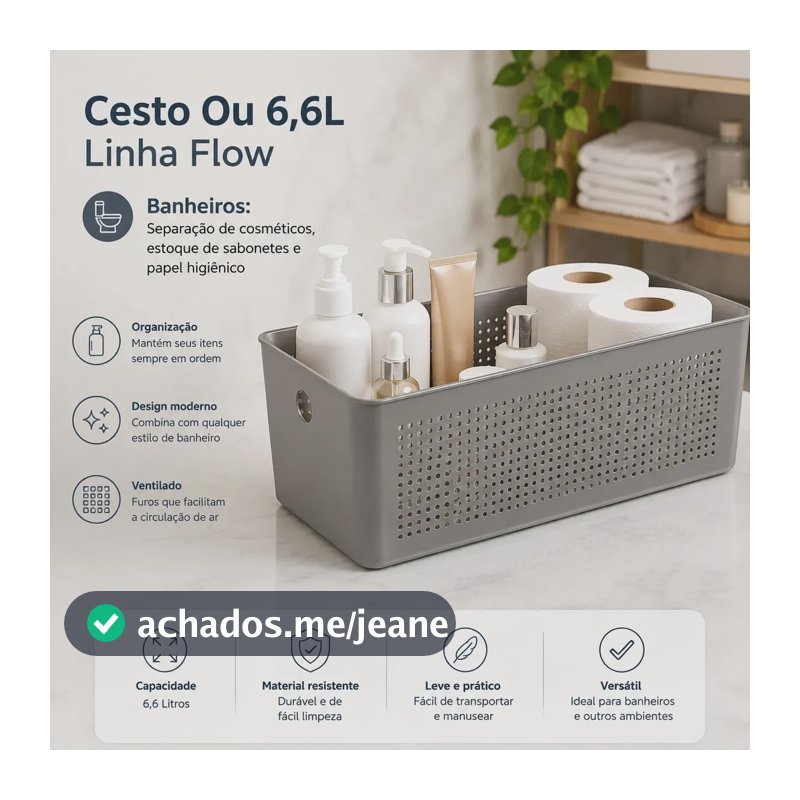 Cesto Organizador Flow 6,6 Litros Chumbo OU CFW250CHF - Para Roupas Produtos de Limpeza Lavanderia Alimentos Cozinha Brinquedos Papel Higiênico Armário Prateleira Quarto Closet