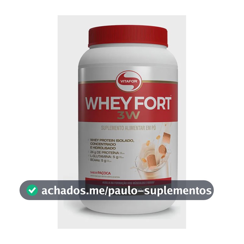 Suplemento Proteico Vitafor Whey Fort 3W Sabor Paçoca Proteínas Concentrada, Isolada e Hidrolisada Pote 900g