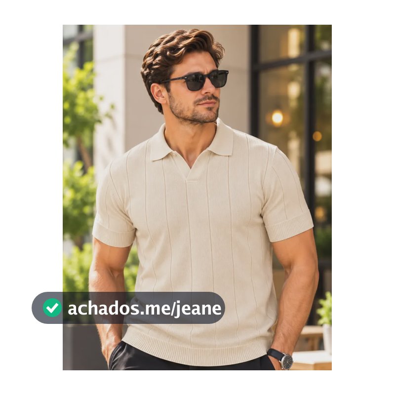 Camisa Gola Polo Masculina Tricô Old Money Slim Manga Curta Areia M