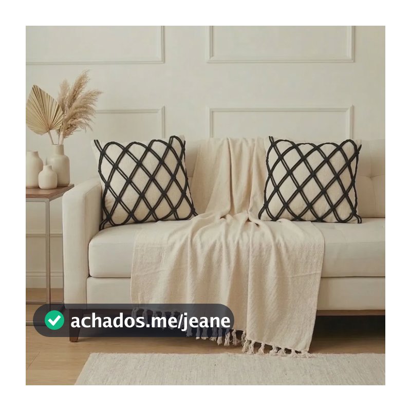 Kit Manta Para Sofa 2,20x1,50+2 Almofadas Macramê Boho Chic Preto Liso