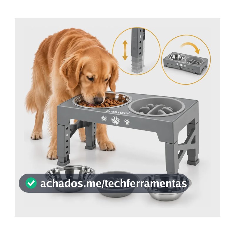 Comedouro Bebedouro Elevado Cães Duplo Lento Inox Grandes Ajustável Looxopet Cinza