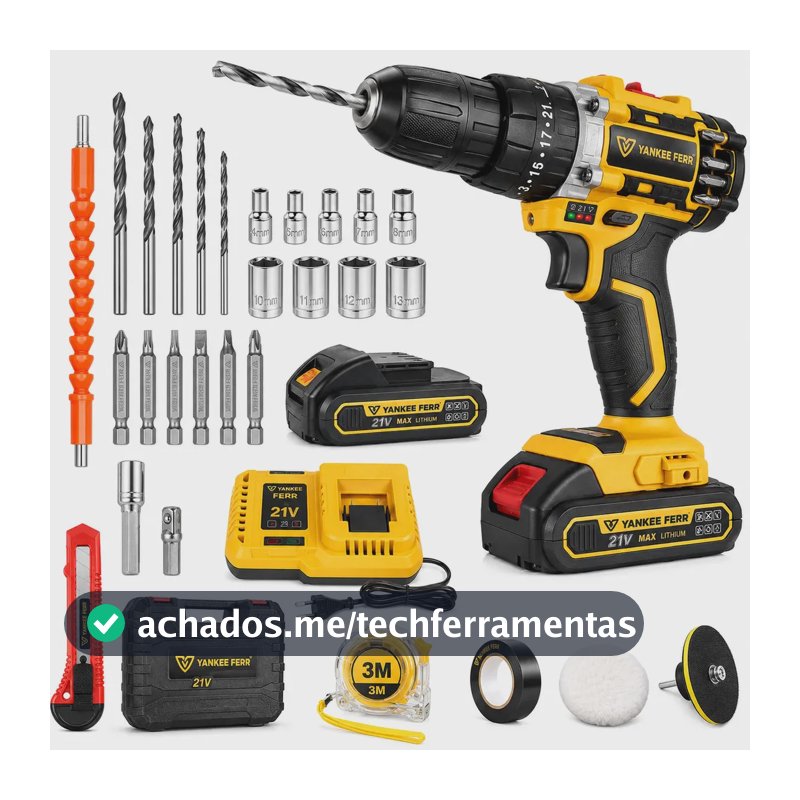 Parafusadeira e Furadeira de Impacto YANKEE FERR 21V Sem Fio com 2 Baterias