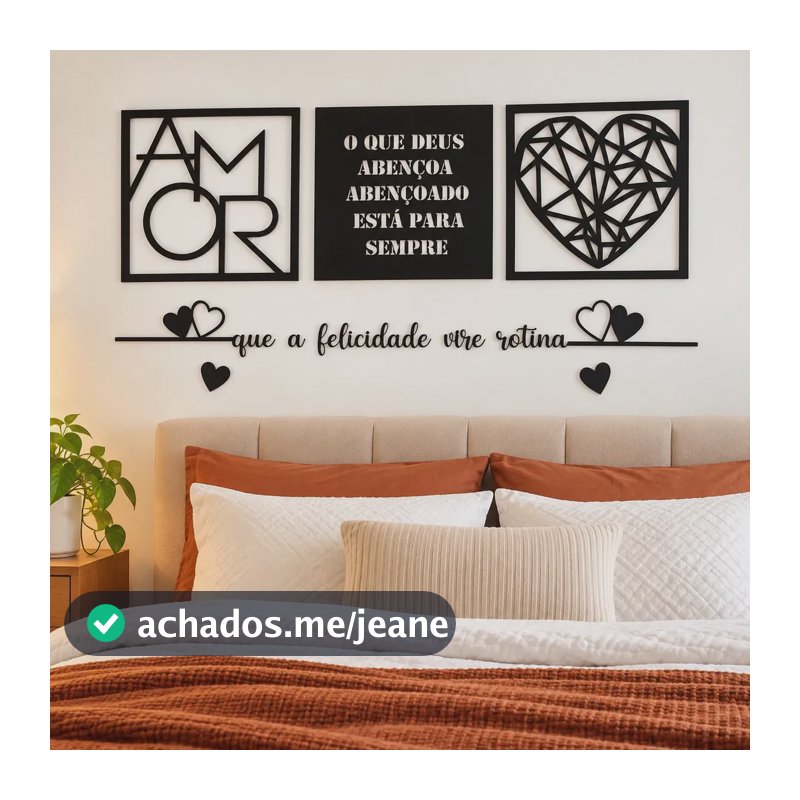 Kit 3 Quadros Cabeceira + Frase Que A Felicidade Vire Rotina Preto