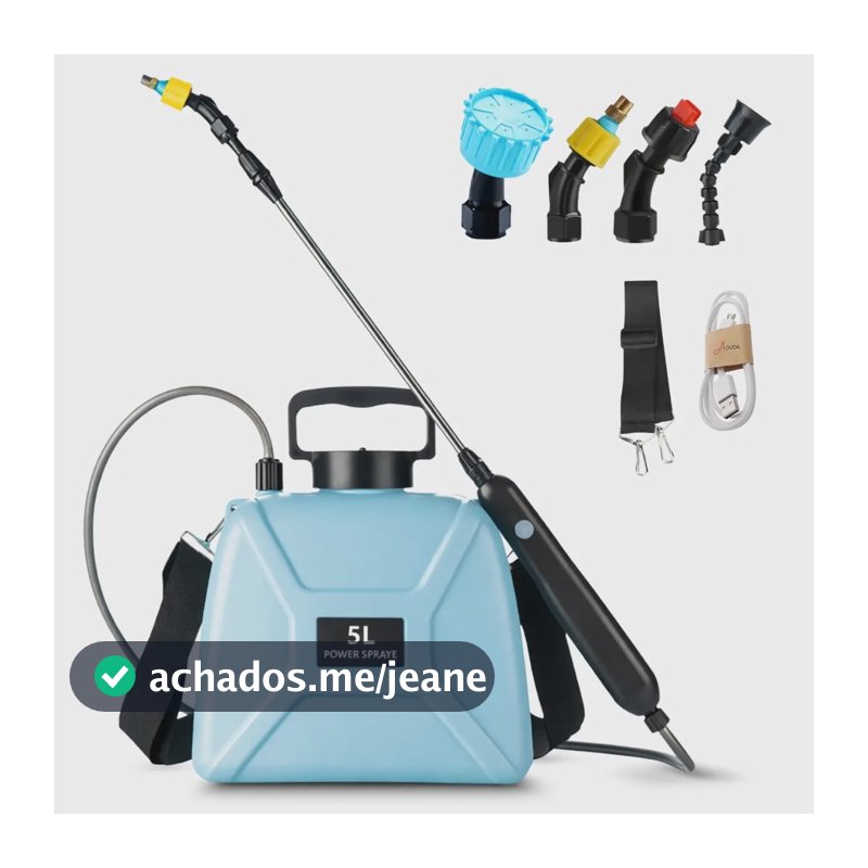 Pulverizador Borrifador Elétrico A Bateria Agrícola Jardinagem Regador Profissional Jardim Horta 5 Litros Portátil Alça Ombro Costal Alça De Mão + 4 Bicos Ponteiras + Carregador Cor Azul