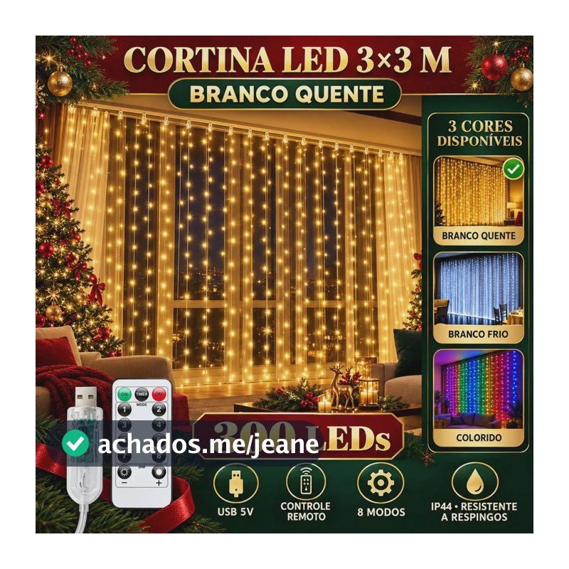 Pisca Cortina 300 Leds 3x3m Usb Ip44 8 Modos Iluminação Luzes Fada Decoração De Natal Festa Branco Quente Luvinco