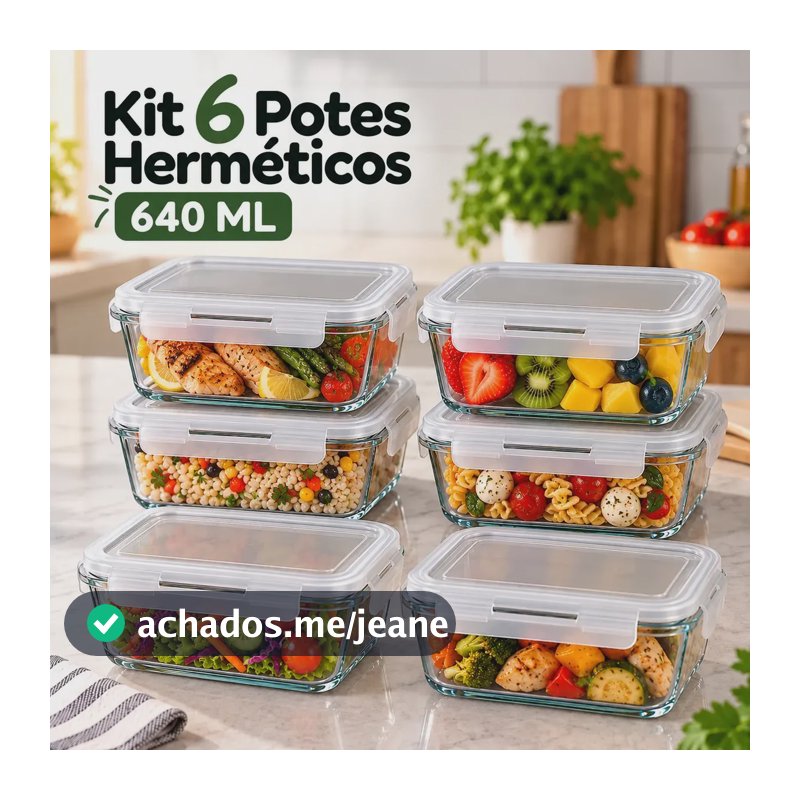 Kit 6 Potes Herméticos de Vidro com Tampa para Alimentos 640 mL