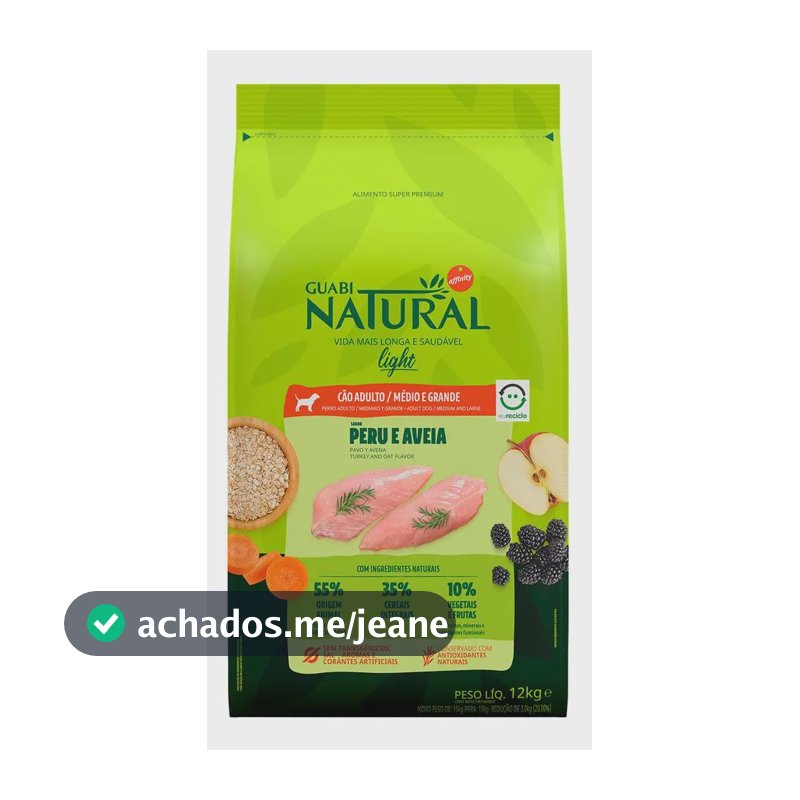 Ração Seca Cão Adulto Light Guabi Natural 12kg Peru Aveia