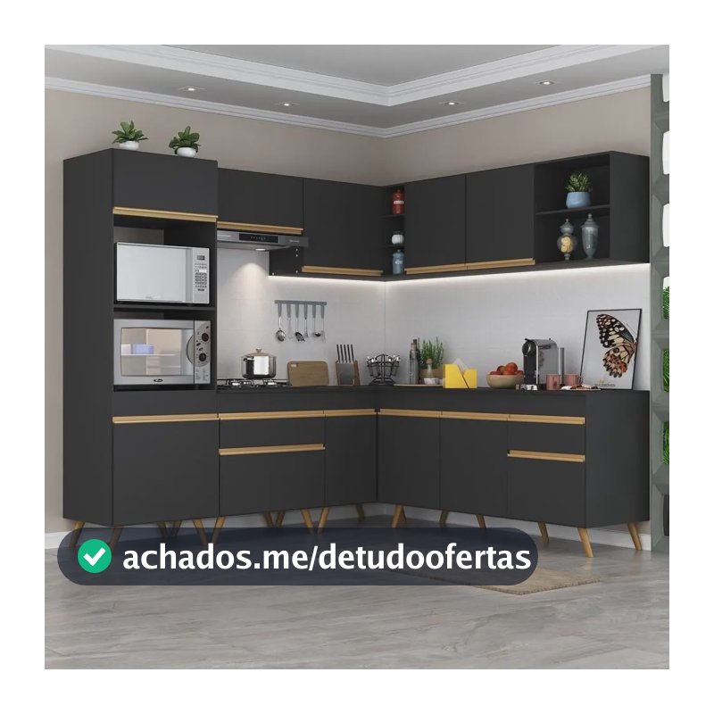 Armário Cozinha Completa De Canto Veneza Multimóveis V2045 Cor Preto/Dourado