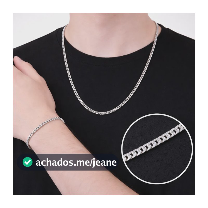 Kit Corrente + Pulseira Grumet Aço Inoxidável Prateado Prata