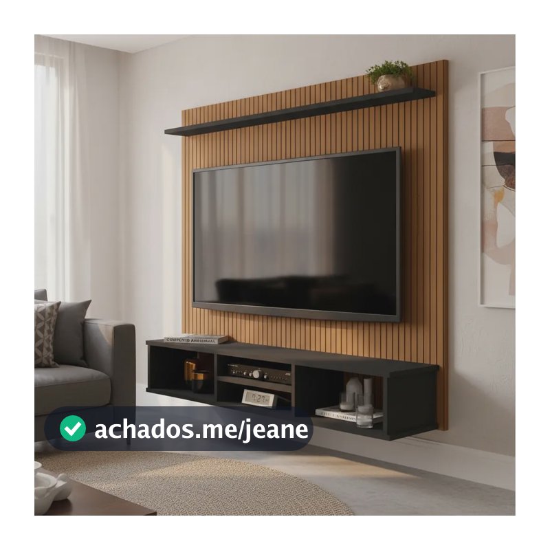Painel TV Ripado Preto 3D com Nichos e Prateleira 50 Polegadas