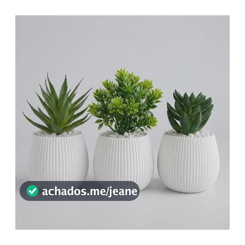 Kit 3 Vasos Oliva Com Suculentas Artificiais Realistas Branco