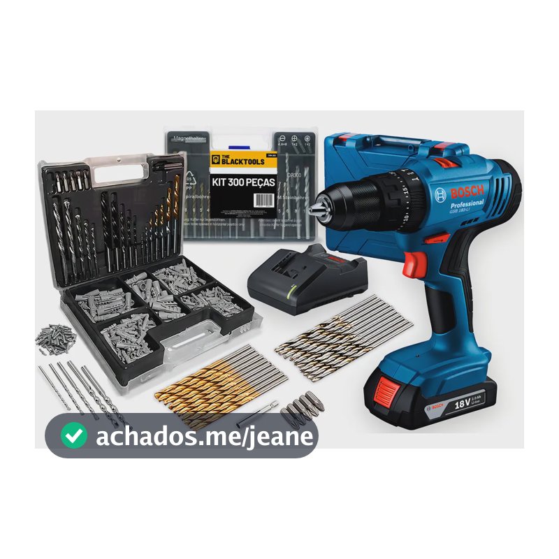 Parafusadeira E Furadeira De Impacto Bosch A Bateria 18v Maleta - Gsb 183-li Com Kit Brocas Buchas E Bits 300 Peças