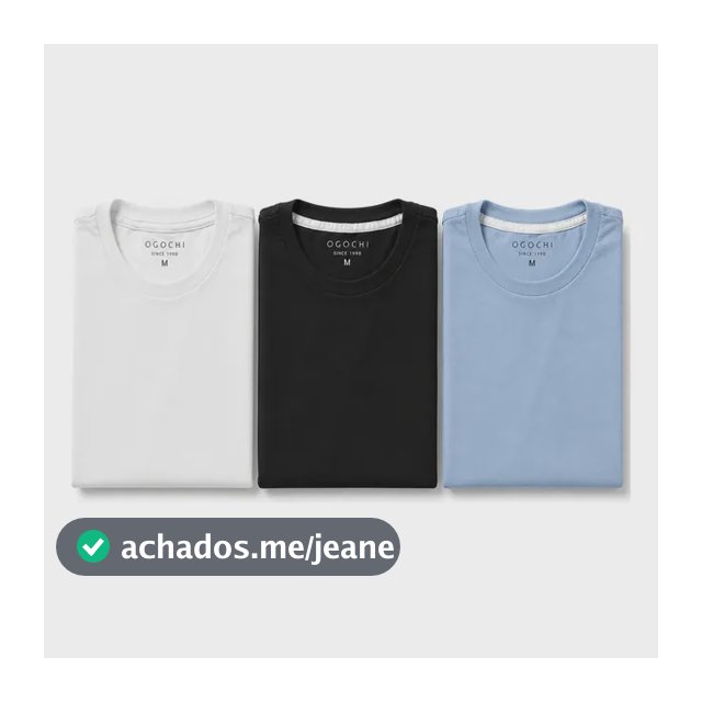 Kit 3 Camiseta Básica Ogochi Masculina Slim Original Algodão Preta | Branca | Azul Lisa M Liso