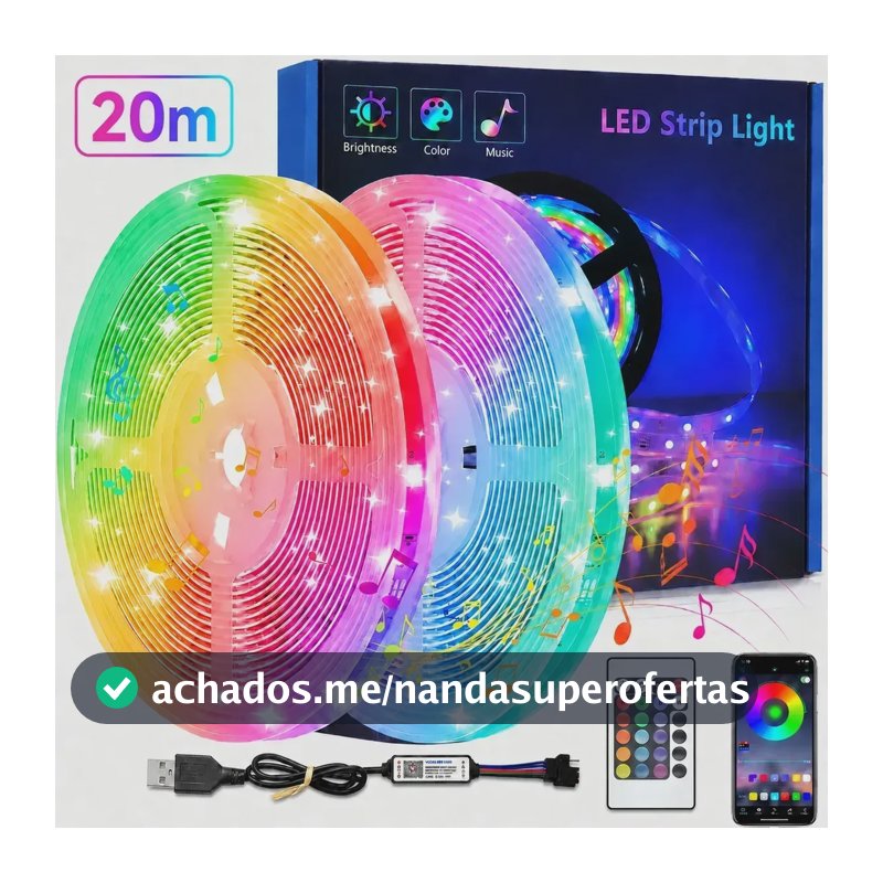 Fita Led Rgb 20m Usb Bluetooth App Controle Remoto Ip20 3535 Rgb 127/220v Usb