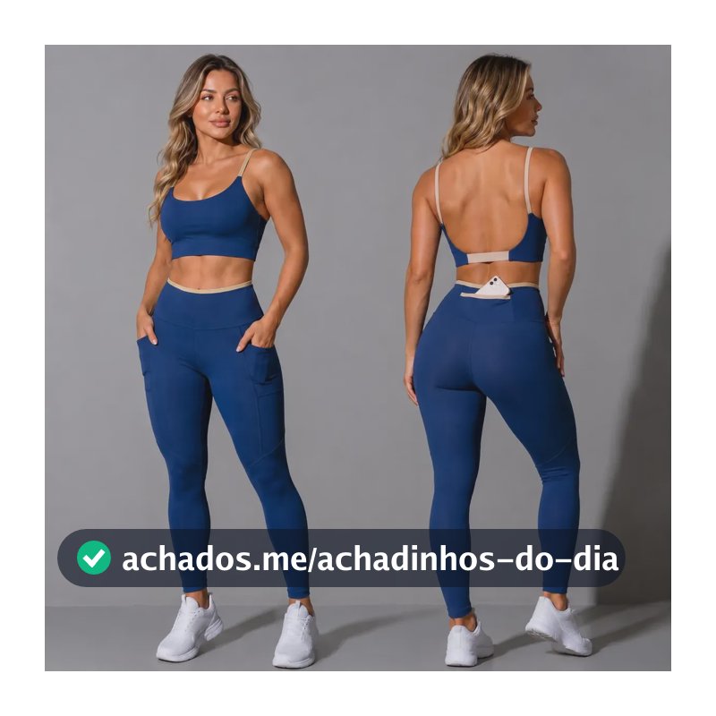 Conjunto Academia Top Calça Legging Fitness Roupa Kit Bolso Azul/areia Liso Gg 42/44