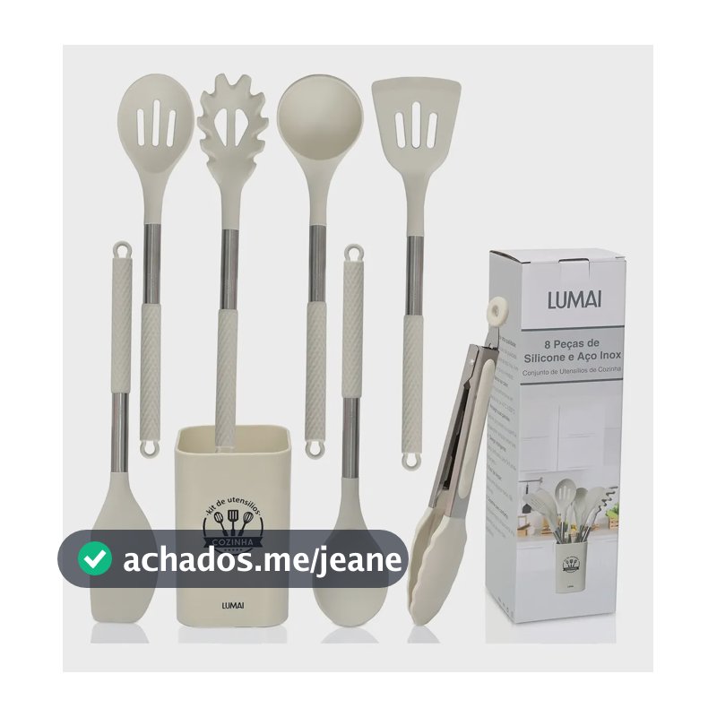Kit De Utensilios De Cozinha Silicone Com Cabo Inox Grande Bege