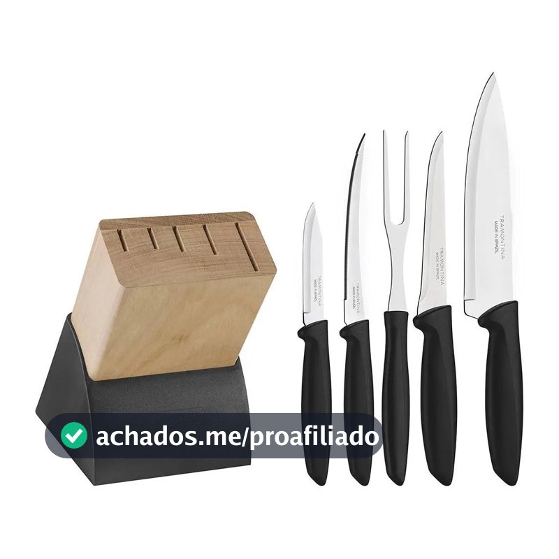 Jogo De Facas Inox Plenus Com Suporte De Madeira Tramontina Cor Preto