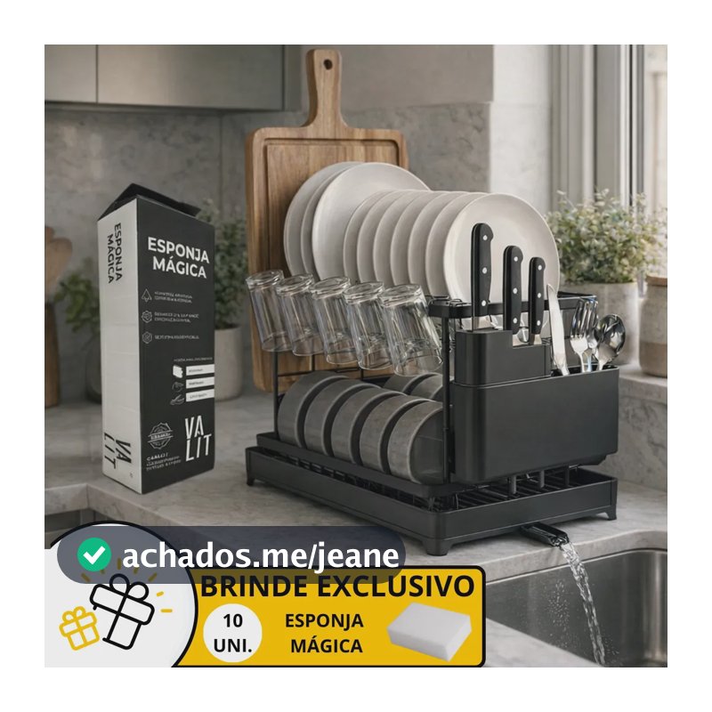 Escorredor De Louça Com Porta Pratos Talheres Tábua Copos Aço Preto Compacto Duplo 2 Andares Secador Não Enferruja Desmontável Bancada Organizado Para Cozinha