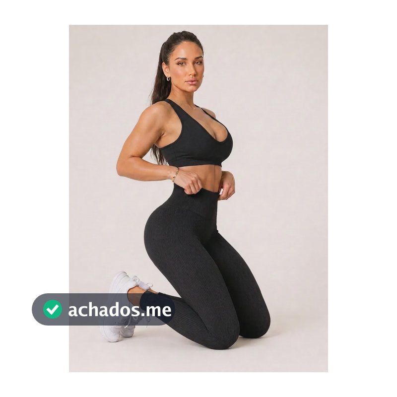 Calça Legging Canelada Feminina Academia Sem Costura Fitness Preto Liso P/m