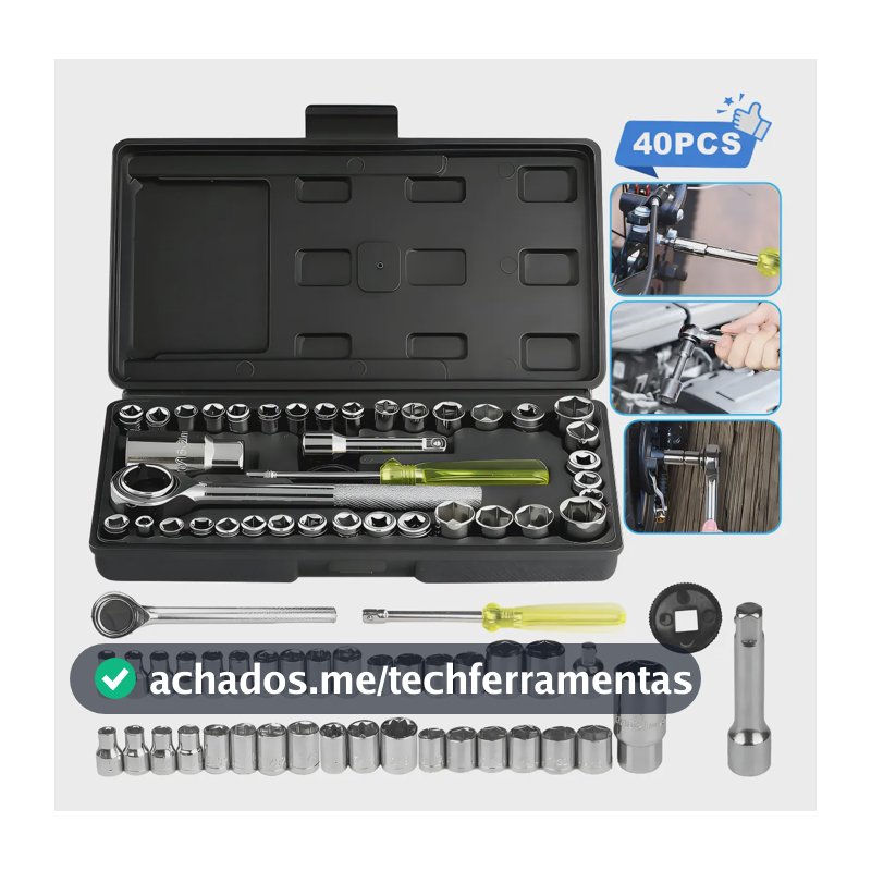 Kit Ferramentas Soquetes Multiuso 40 Peças Maleta Completa Preto
