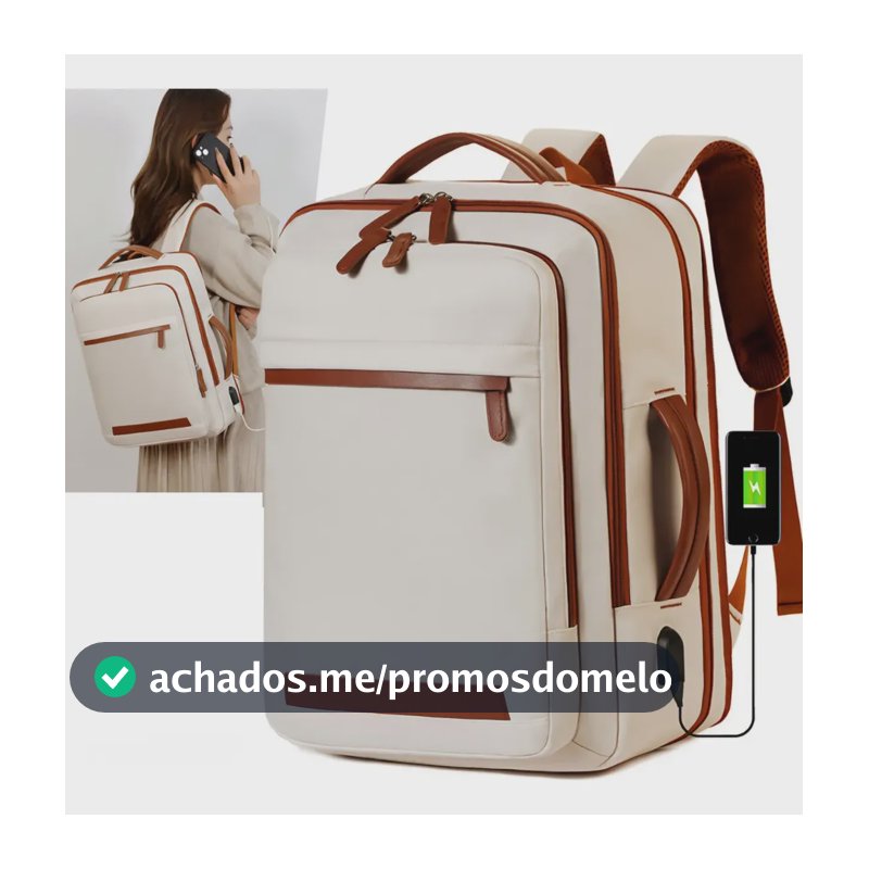 Mochila Reforçada Expansível Executiva Viagem Trabalho Mala Bege