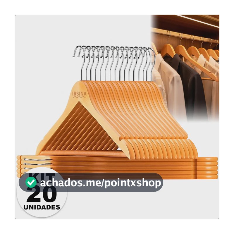 Kit Cabide Madeira Mafim Antiderrapante para Roupa Adulto Reforçado Irsina