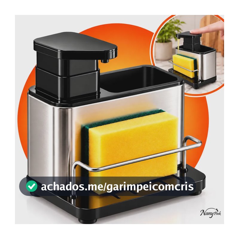 Dispenser Porta Detergente 3 em 1 em Aço Inox com Porta Esponja e Utensílios Organizador de Pia para Cozinha e Sabão Líquido - Nany Pink